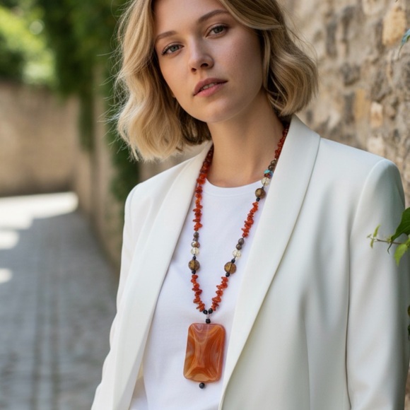 Vintage Handmade Orange Carnelian Natural Stone Beaded Necklace - Picture 2 of 7